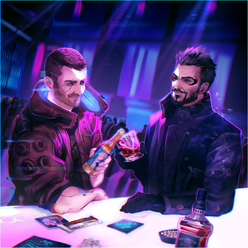 2boys 6+others adam_jensen alcohol black_coat black_gloves blue_eyes bottle brown_hair brown_jacket buzz_cut closed_mouth coat commission crossover cup cyberpunk_(series) cyberpunk_2077 cyborg deus_ex deus_ex:_human_revolution facial_hair gloves goatee highres holding holding_bottle holding_cup indoors jacket long_sleeves looking_at_another multiple_boys multiple_others second-party_source short_hair sleeves_past_elbows smile tholia_bentz toast_(gesture) v_(cyberpunk) very_short_hair whiskey