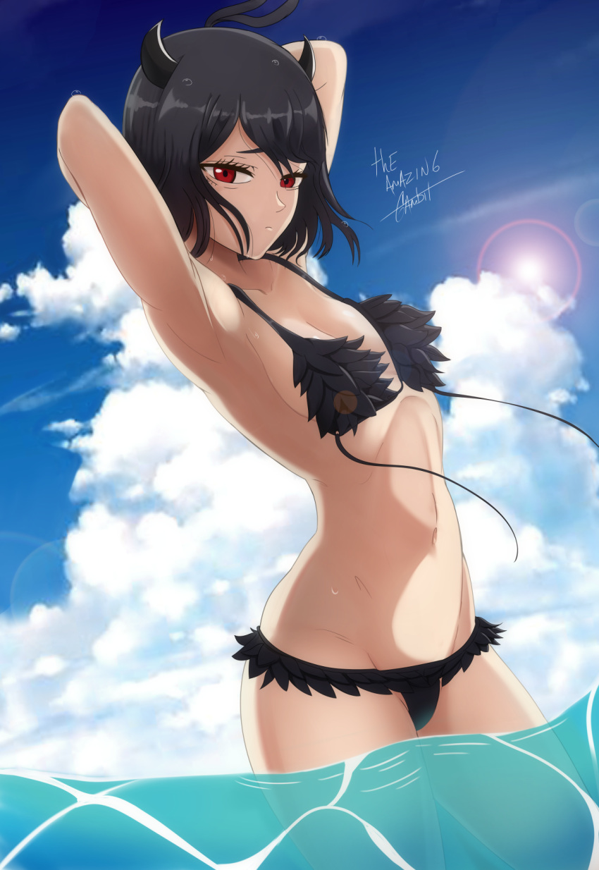 1girl arms_behind_head bikini black_bikini black_clover black_feathers black_hair bob_cut breasts demon_horns feather_trim feathers highres horns looking_at_viewer midriff navel red_eyes secre_swallowtail small_breasts solo swimsuit the_amazing_gambit