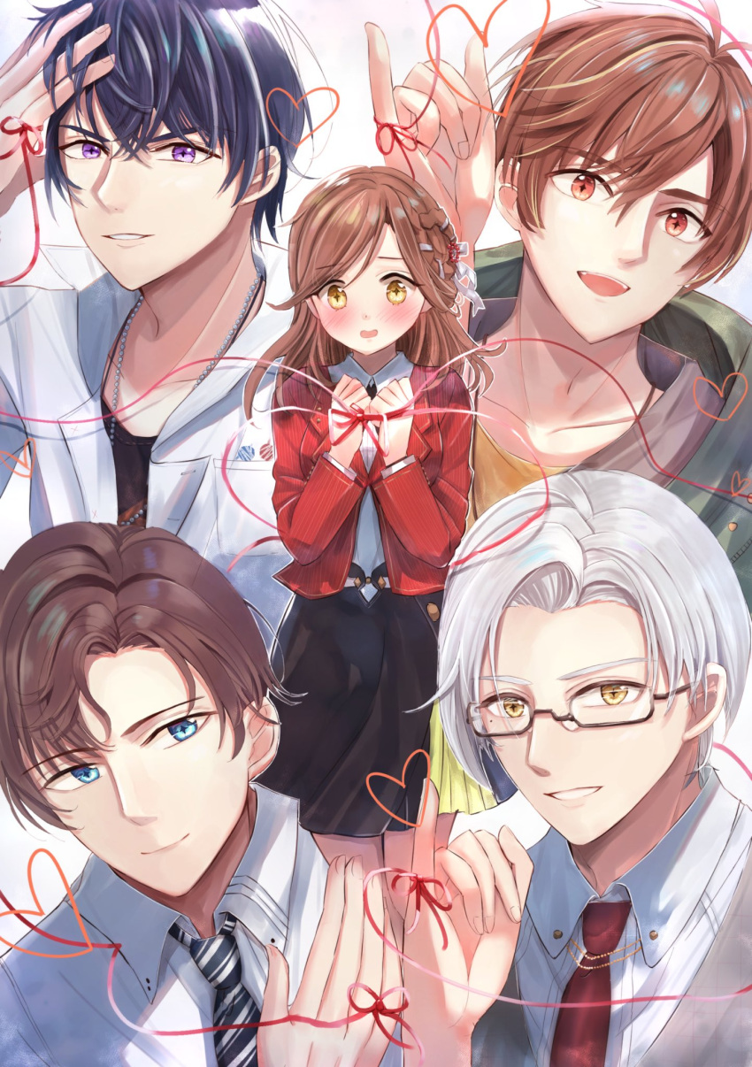 1girl 4boys artem_wing_(tears_of_themis) black_skirt blue_eyes blue_hair breasts brown_hair brown_vest forehead glasses grey_hair hair_between_eyes highres hood hoodie jacket jewelry long_hair luke_pearce_(tears_of_themis) marius_von_hagen_(tears_of_themis) medium_breasts mirin_pengin multiple_boys necklace necktie open_mouth purple_eyes red_eyes red_jacket red_necktie rosa_(tears_of_themis) shirt short_hair skirt smile string string_of_fate striped_necktie tears_of_themis vest vyn_richter_(tears_of_themis) white_jacket white_shirt yellow_eyes