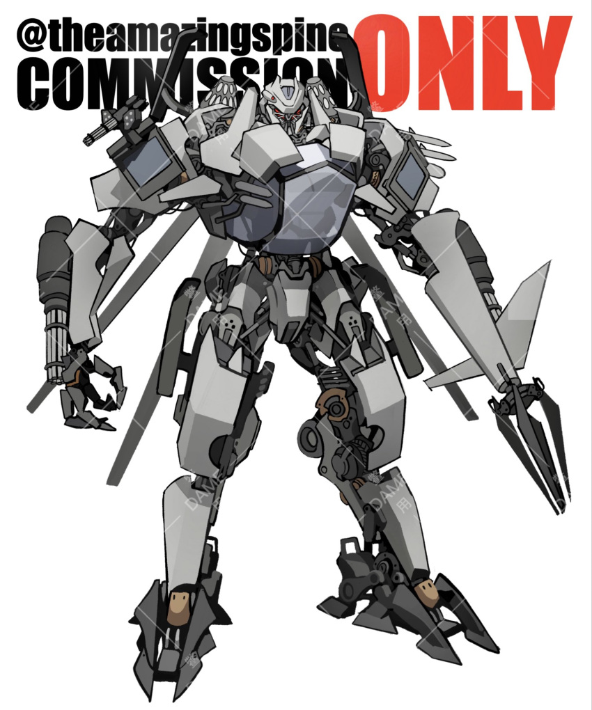 chain_gun commission extra_eyes full_body highres mecha no_humans original red_eyes robot science_fiction shoulder_cannon solo standing theamazingspino transformers transformers_(live_action) watermark