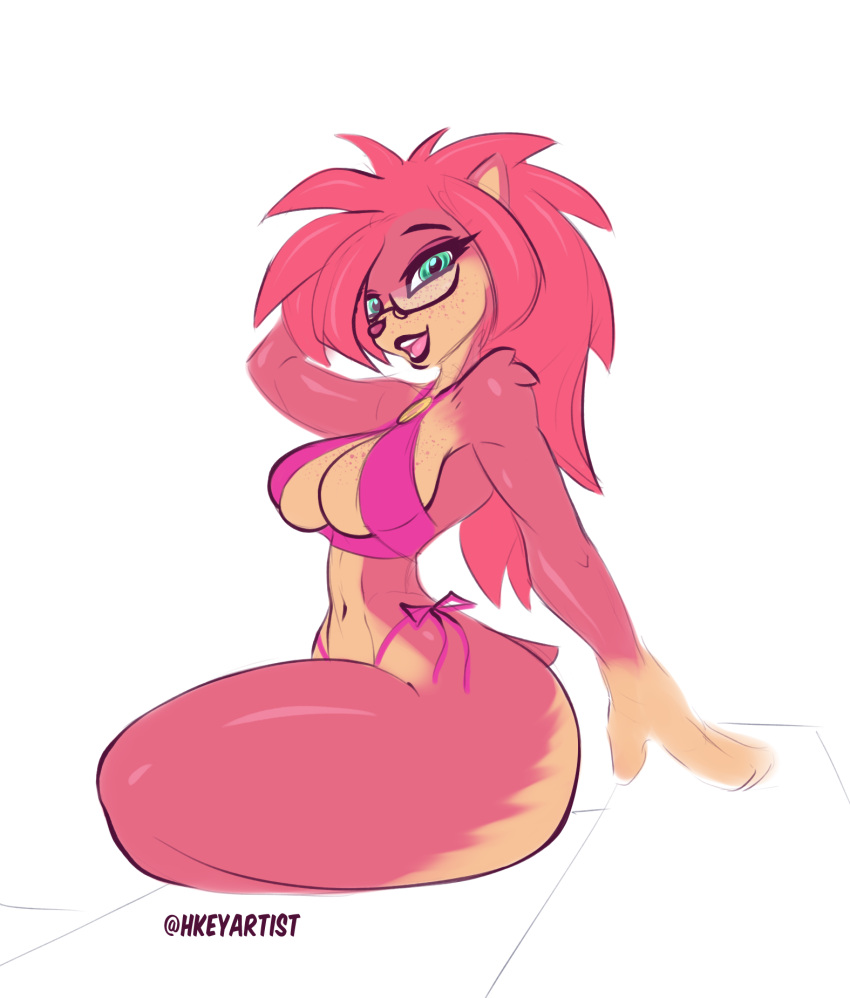 amy_rose anthro big_butt bikini breasts butt clothing covered_breasts eulipotyphlan eyewear female freckles fur glasses glistening glistening_body glistening_fur green_eyes h-key hair hedgehog hi_res lips lipstick makeup mammal open_mouth open_smile pink_body pink_hair sega simple_background slim small_waist smile solo sonic_the_hedgehog_(series) string_bikini swimwear teeth thick_thighs wide_hips