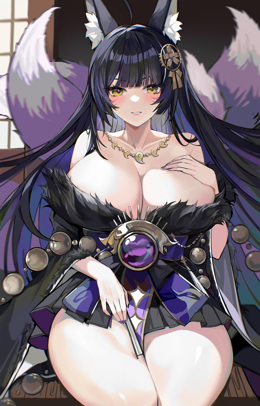 1girl absurdres ahoge animal_ear_fluff animal_ears azur_lane bangs bare_shoulders beads black_hair black_skirt blunt_bangs blush breasts cleavage collarbone facial_mark folding_fan fox_ears fur_trim grin hair_ornament hand_fan hand_on_own_chest highres holding holding_fan japanese_clothes jewelry jintianhuahualema kimono kitsune large_breasts long_hair looking_at_viewer magatama magatama_necklace multiple_tails musashi_(azur_lane) nail_polish necklace off_shoulder parted_lips pleated_skirt purple_nails revision short_kimono sitting skirt skirt_under_kimono smile solo tail teeth thighs yellow_eyes