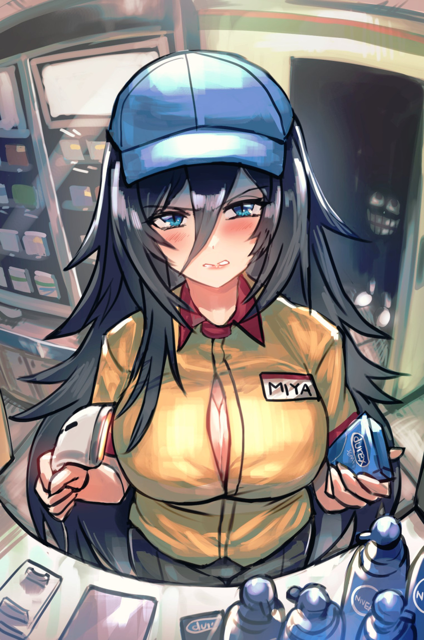 1girl black_hair blue_eyes blush breasts cashier center_opening character_name cigarette_pack cleavage collared_shirt condom_box counter dgrp_(minhduc12333) doorway dot_nose english_commentary hair_between_eyes highres holding huge_breasts indoors long_hair looking_at_viewer lotion_bottle name_tag original shirt short_sleeves solo_focus upper_body vending_machine very_long_hair visor_cap yellow_shirt