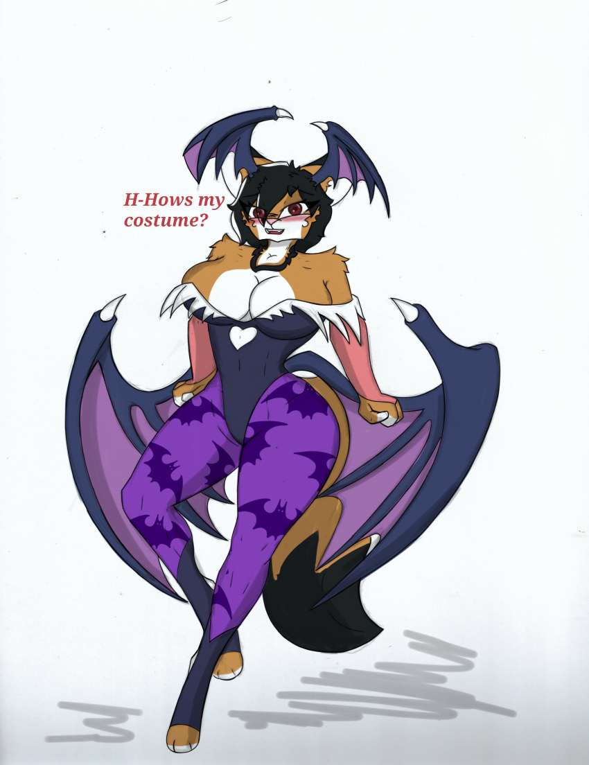 absurd_res anthro big_breasts blush breasts cleavage clothed clothing costume english_text fan_character female halloween hi_res holidays maxine_boulevard morrigan pace-maker solo text thick_thighs