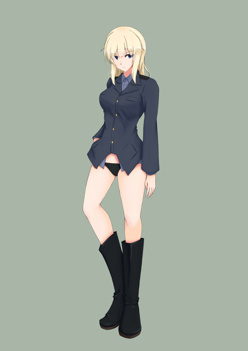 1girl absurdres bangs black_footwear black_panties blonde_hair blue_jacket blue_shirt blunt_bangs english_commentary expressionless grey_background heel_up highres isosceles_triangle_(xyzxyzxyz) jacket long_hair looking_at_viewer original panties shirt sidelocks solo underwear world_witches_series