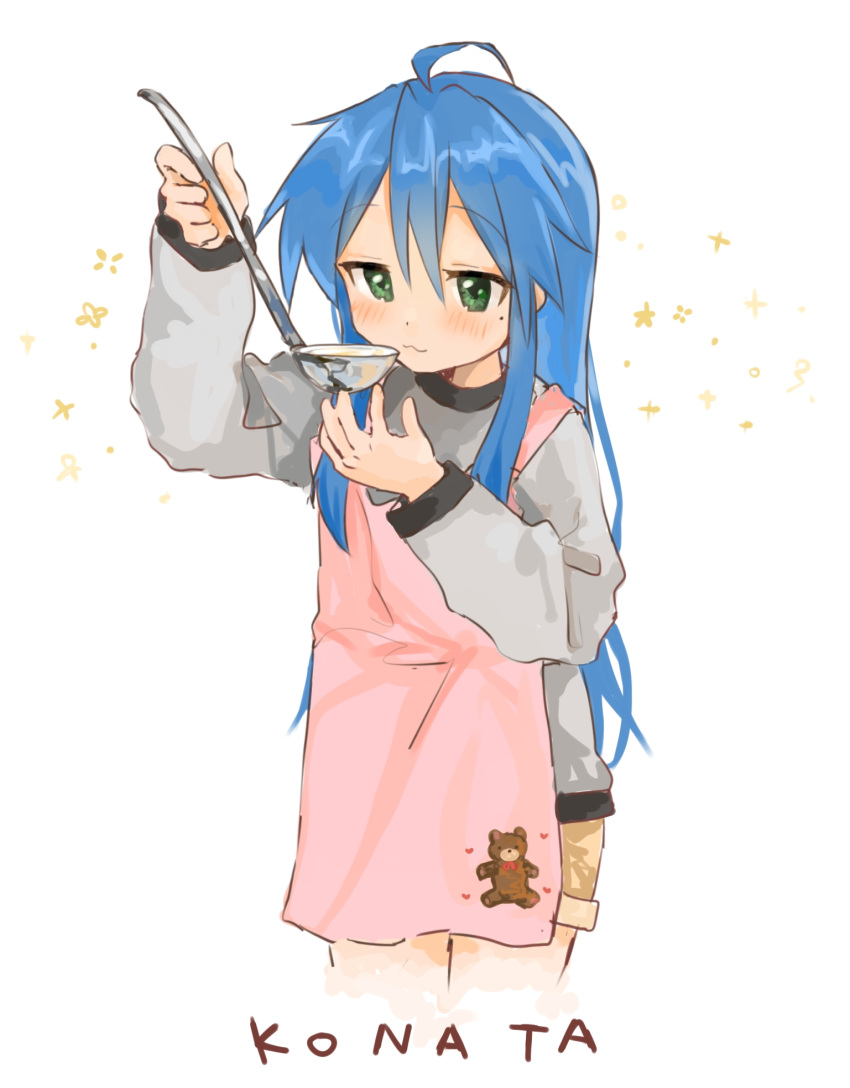 1girl apron bear blue_hair blush character_name green_eyes hair_between_eyes highres holding holding_ladle izumi_konata kagamiko_hanana ladle lucky_star mole mole_under_eye solo