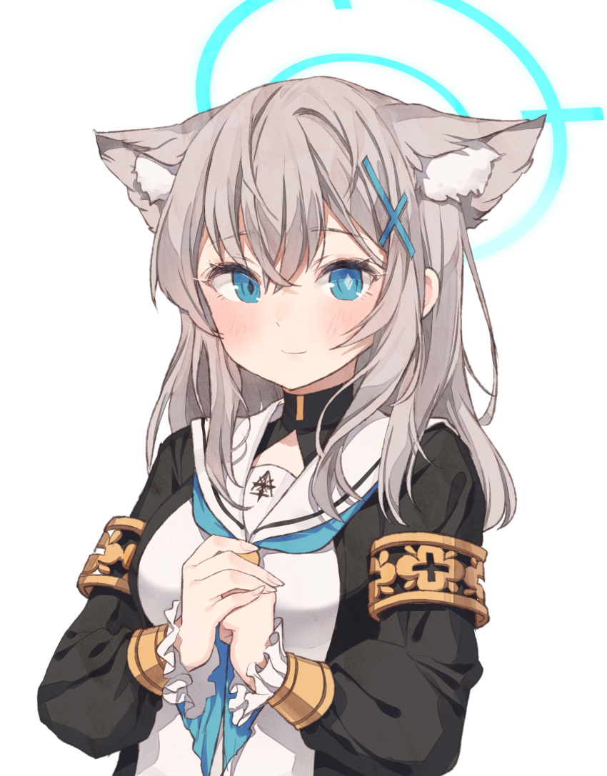 1girl absurdres animal_ear_fluff animal_ears aqua_eyes aqua_neckerchief bangs black_dress blue_archive blush closed_mouth cosplay dress goyain grey_hair hair_between_eyes hair_ornament halo highres long_hair long_sleeves looking_at_viewer mari_(blue_archive) mari_(blue_archive)_(cosplay) mismatched_pupils neckerchief nun own_hands_together sailor_collar sailor_dress shiroko_(blue_archive) simple_background solo upper_body white_background white_sailor_collar x_hair_ornament
