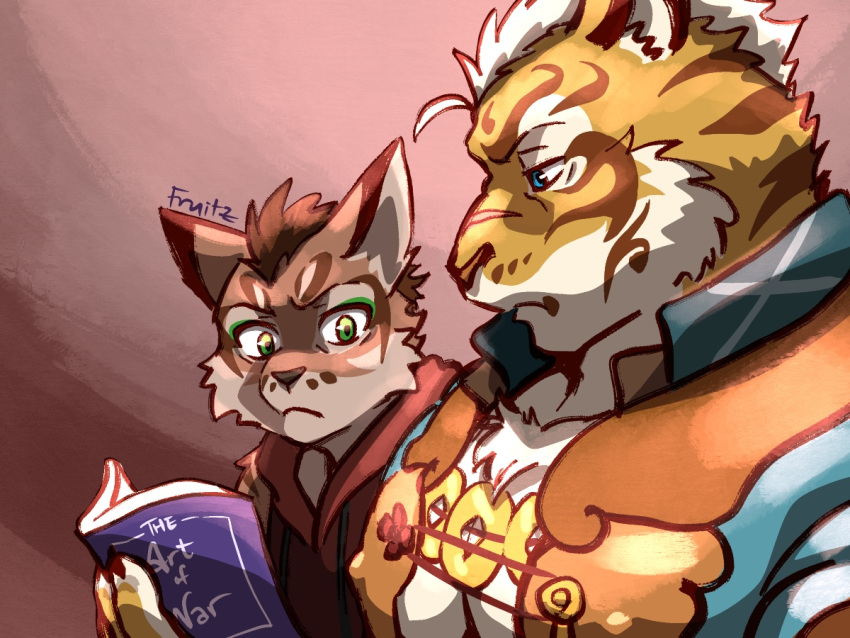 4:3 anthro blue_eyes book countershade_face countershade_fur countershading duo english_text felid feline fruitz fur girl_staring_at_man's_chest green_eyes holding_book holding_object leopard_cat lin_hu male mammal meme nekojishi nipple_outline pantherine prionailurus reading reading_book shu-chi studio_klondike text tiger video_games visual_novel