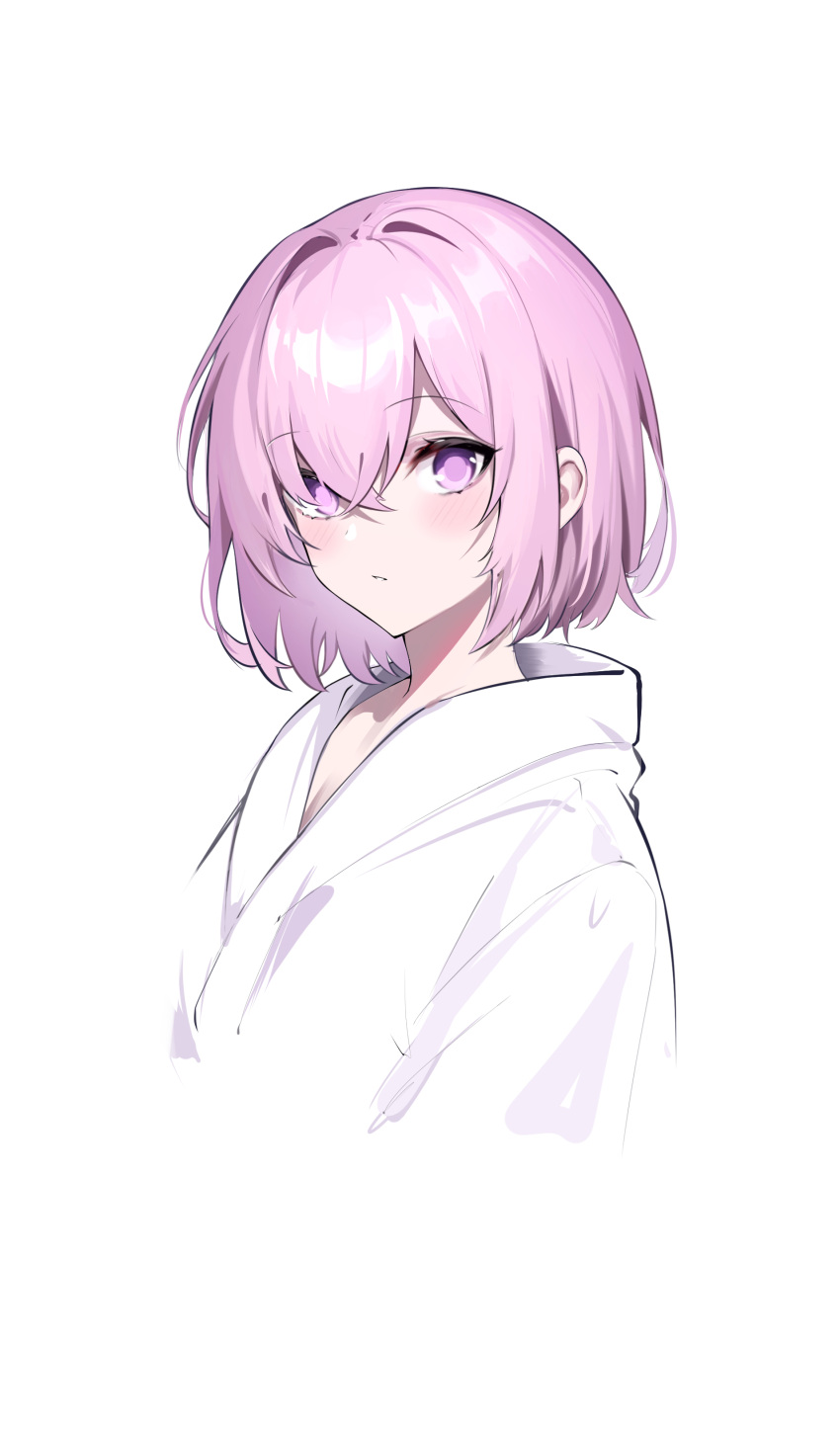 1girl absurdres bangs bathrobe blush breasts fate/grand_order fate_(series) hair_over_one_eye highres large_breasts light_purple_hair looking_at_viewer mash_kyrielight purple_eyes short_hair simple_background solo spider_apple white_background
