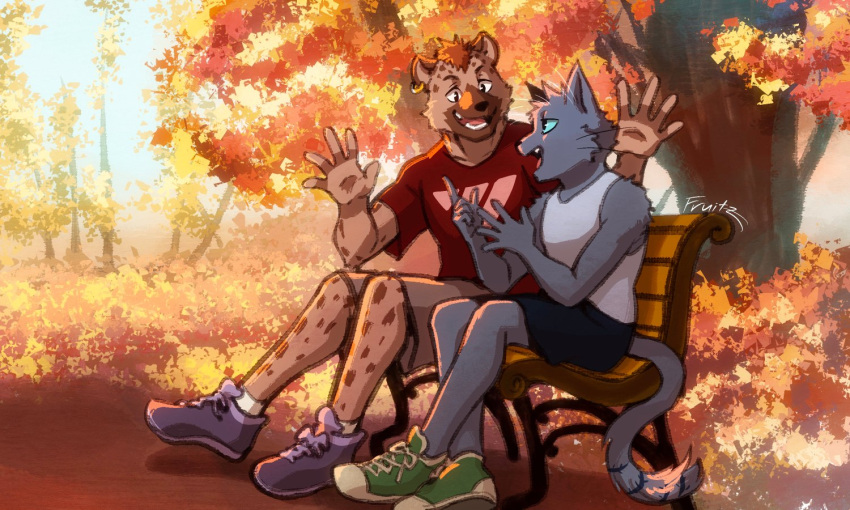 5:3 anthro blue_eyes brothel_brothers clothed clothing domestic_cat duo ear_piercing ethan_(brothel_brothers) felid feline felis footwear fruitz fur grey_body grey_fur hyaenid male mammal open_mouth open_smile park_bench piercing plant shoes smile tree whiskers