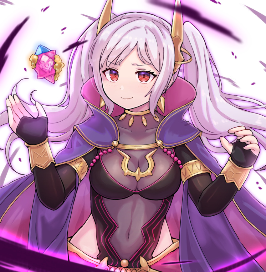 1girl alternate_eye_color aura bangs bodystocking breasts cleavage covered_collarbone covered_navel dark_aura dark_persona earrings fire_emblem fire_emblem_awakening fire_emblem_heroes floating floating_object grima_(fire_emblem) highres jewelry kutabireta_neko looking_at_viewer medium_breasts official_alternate_costume parted_bangs red_eyes robin_(fire_emblem) robin_(fire_emblem)_(female) smile solo twintails upper_body white_hair