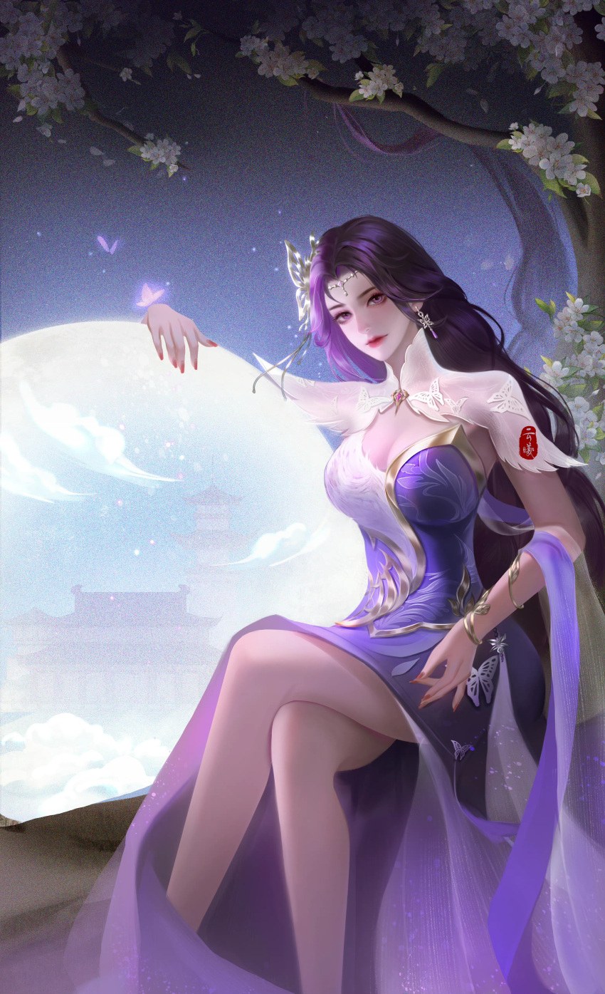 1girl absurdres bare_legs breasts bug butterfly cleavage_cutout closed_mouth clothing_cutout earrings flower glowing_butterfly hagoromo highres huahua_de_he_xiao_mu_ya jewelry large_breasts long_hair orb purple_eyes purple_hair second-party_source shawl solo tree two-tone_dress wanmei_shijie yun_xi_(wanmei_shijie)