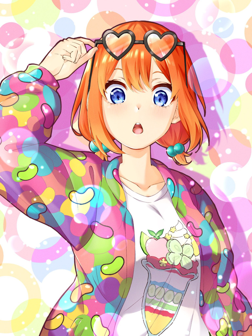 1girl blue_eyes breasts candy eyewear_on_head food glasses go-toubun_no_hanayome highres jacket jelly_bean large_breasts low_twintails nakano_yotsuba open_mouth orange_hair short_twintails solo twintails upper_body wai_(y48754085)