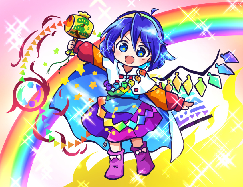 1girl blue_eyes blue_hair blush boots cloak crystal dress hair_between_eyes hairband highres holding jewelry magatama magatama_necklace miracle_mallet multicolored_clothes multicolored_dress multicolored_hairband necklace open_mouth pink_footwear pote_(ptkan) rainbow rainbow_gradient short_hair single_wing sky_print smile solo sorcerer's_sutra_scroll tenkyuu_chimata touhou white_cloak wings