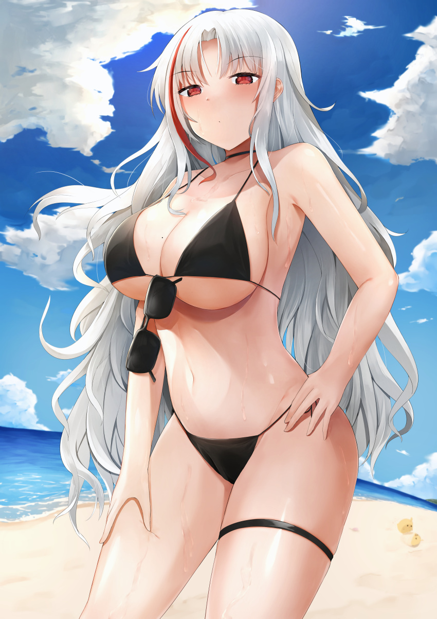 1girl absurdres alternate_costume aviator_sunglasses azur_lane beach bikini black_bikini black_choker breasts choker cowboy_shot eyewear_hang eyewear_removed from_below grey_hair highres large_breasts long_hair looking_at_viewer mole mole_on_breast multicolored_hair nori_aji red_eyes red_hair sand solo streaked_hair string_bikini sunglasses swimsuit tallinn_(azur_lane) two-tone_hair water