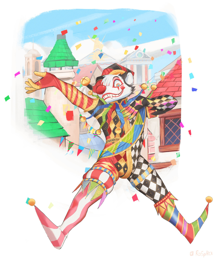 absurd_res anthro bodypaint building clothed clothing cloud confetti duo face_paint facial_tuft fangs fool's_hat hat head_tuft headgear headwear hi_res humanoid_hands jester makeup male mammal red_nose rosphix smile teeth town tuft