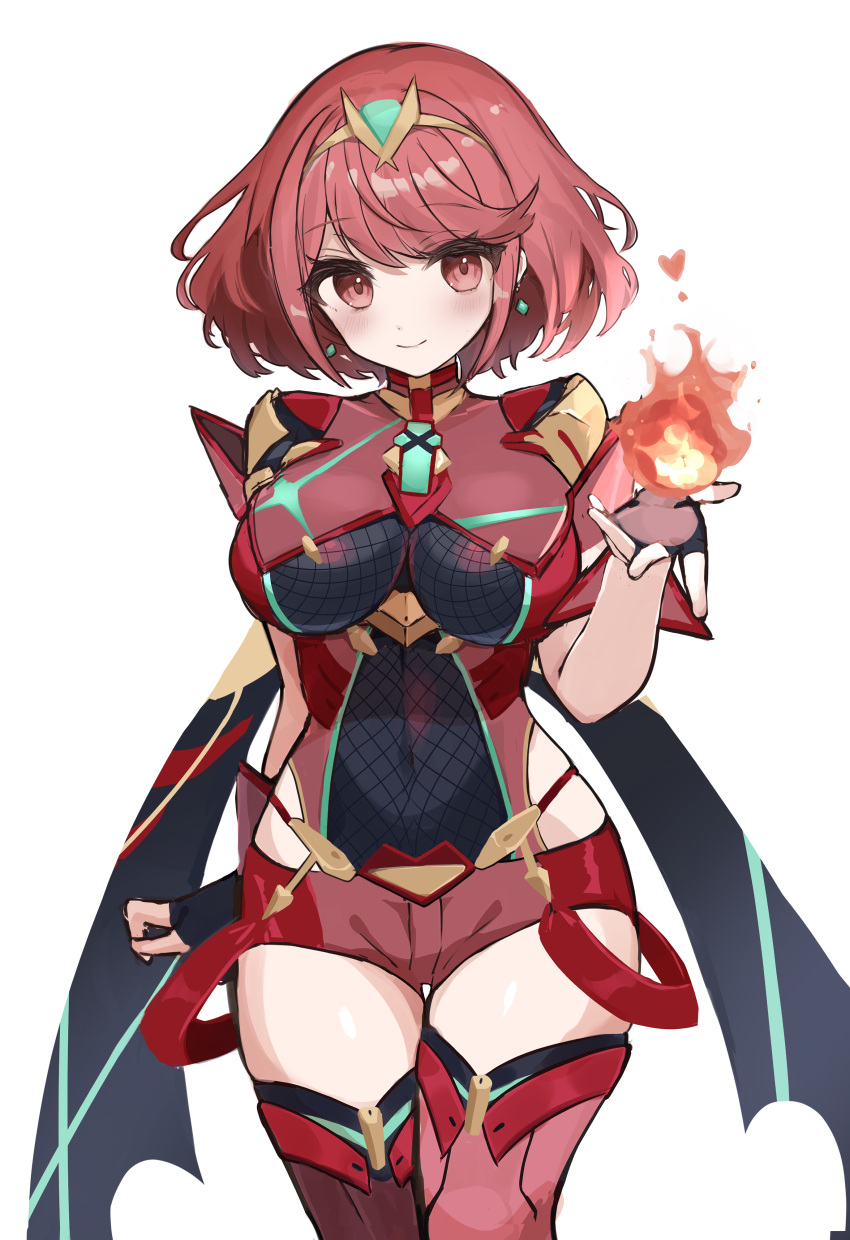 1girl absurdres bangs black_gloves breasts chest_jewel earrings etoria fingerless_gloves gloves highres jewelry large_breasts pyra_(xenoblade) red_eyes red_hair red_shorts short_hair short_shorts shorts solo swept_bangs thighhighs tiara xenoblade_chronicles_(series) xenoblade_chronicles_2