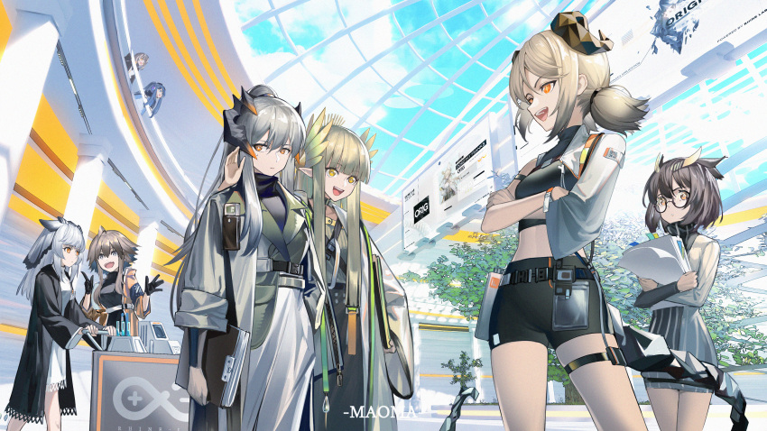 6+girls 9_vcat :d absurdres arknights astgenne_(arknights) bangs black-framed_eyewear black_shirt black_shorts blonde_hair blue_hair brown_hair coat commentary_request cowboy_shot crop_top dorothy_(arknights) grey_coat grey_hair highres horns ifrit_(arknights) indoors magallan_(arknights) midriff muelsyse_(arknights) multiple_girls open_clothes open_coat open_mouth orange_eyes pointy_ears pointy_hair ptilopsis_(arknights) saria_(arknights) shirt short_hair short_shorts shorts silence_(arknights) single_bare_shoulder smile standing tail thigh_strap thighs