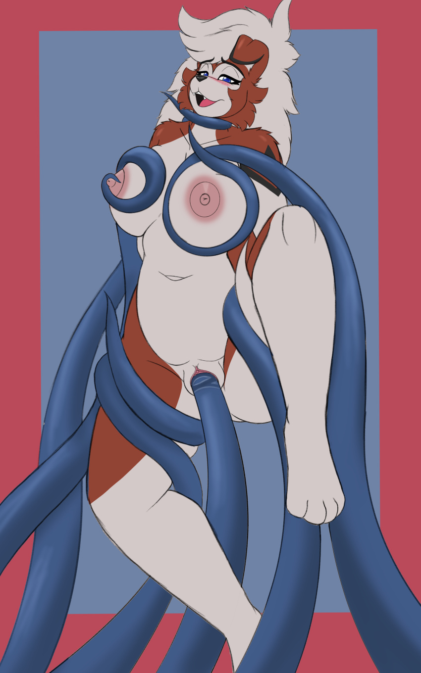 absurd_res anthro big_breasts blush bodily_fluids breasts canid canine canis coloredprinter digital_media_(artwork) female fur generation_7_pokemon genital_fluids genitals hair hi_res lycanroc mammal midnight_lycanroc multicolored_body multicolored_fur nintendo nipples nude papercut_(character) penetration pokemon pokemon_(species) pussy sex simple_background solo solo_focus tentacle_penetration tentacle_sex tentacles thick_thighs vaginal vaginal_penetration video_games wide_hips