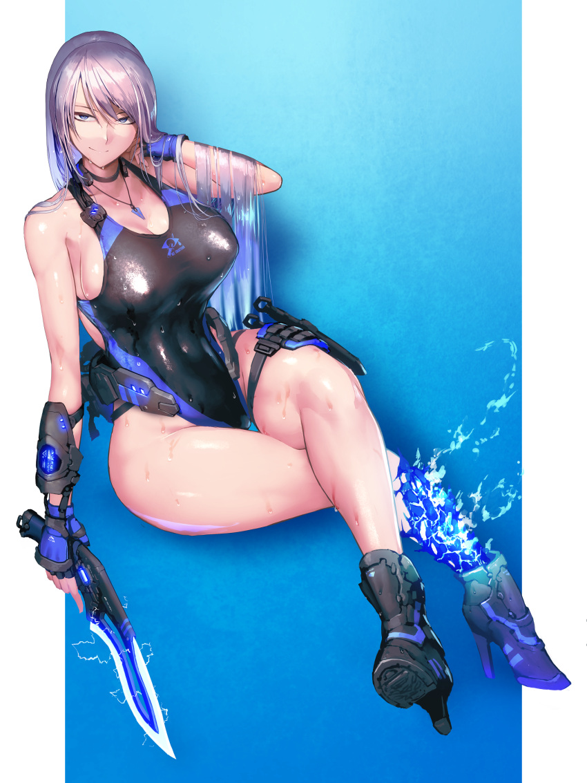 1girl black_footwear black_one-piece_swimsuit blue_background blue_gloves breasts check_copyright cleavage commission copyright_request covered_navel crossed_legs electricity fingerless_gloves full_body gloves gradient gradient_background grey_hair hetza_(hellshock) high_heels highleg highleg_swimsuit highres holding holding_knife holding_weapon jewelry knife large_breasts long_hair looking_at_viewer necklace one-piece_swimsuit original sitting skeb_commission smile solo swimsuit very_long_hair weapon wet wet_clothes wet_swimsuit