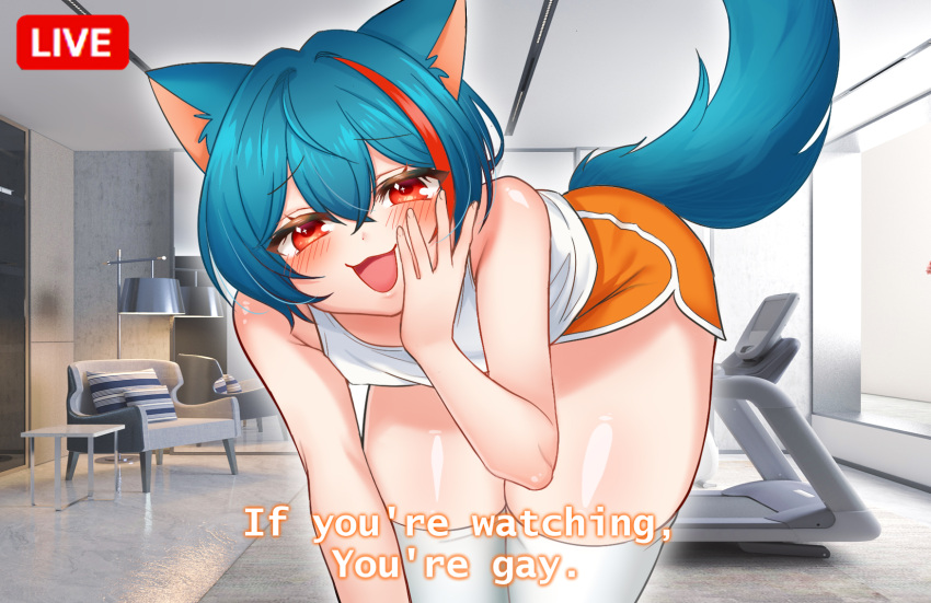 animal_humanoid anthro bent_over blue_hair bottomwear canid canid_humanoid canine canine_humanoid clothing dialogue dog_humanoid english_text girly hair hi_res hotpants humanoid humor inside legwear looking_at_viewer male mammal mammal_humanoid narrowed_eyes open_mouth rakusan_maple red_eyes shorts solo streaming talking_to_viewer text thigh_highs treadmill vtuber white_body white_clothing white_legwear white_skin white_thigh_highs