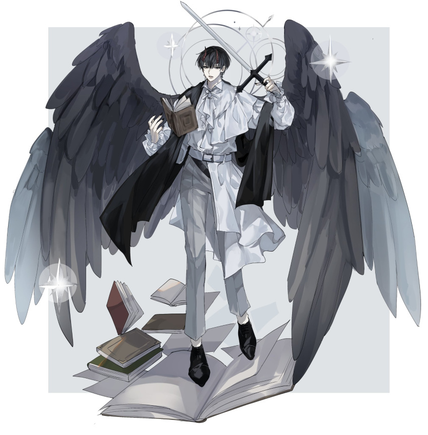 1boy black_nails book border evl_1230 full_body grey_background highres holding holding_sword holding_weapon horns kim_dokja korean_commentary looking_at_viewer male_focus multiple_wings omniscient_reader's_viewpoint open_book outside_border solo star_(symbol) sword weapon white_background wings
