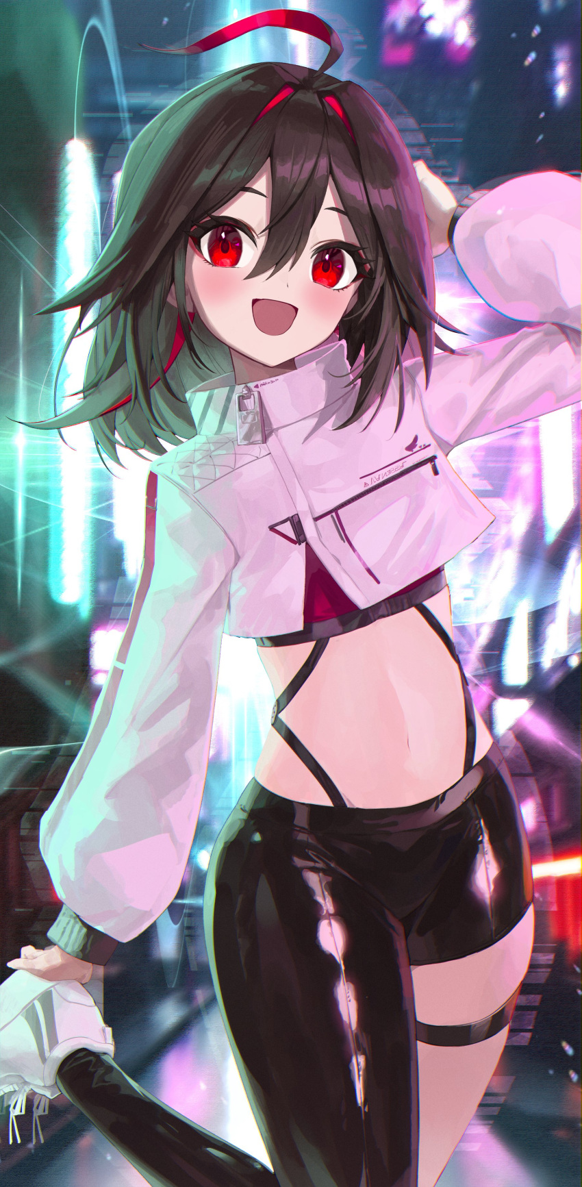 1girl :d absurdres ahoge arm_up asymmetrical_clothes black_hair black_pants black_shirt crop_top crop_top_overhang garter_straps hair_between_eyes high_collar highres leg_up long_sleeves looking_at_viewer midriff multicolored_hair navel open_mouth original pants pellas_(panix2383) red_eyes shiny shiny_clothes shirt shoes short_hair single_pantsleg smile sneakers solo standing standing_on_one_leg stomach streaked_hair thigh_strap thighs undershirt white_footwear white_shirt