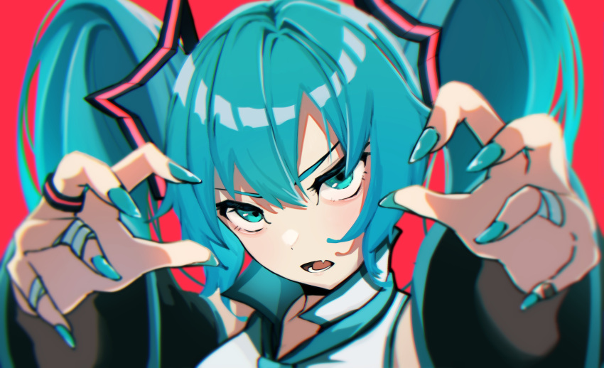 1girl blue_eyes blue_hair blue_nails fang hatsune_miku highres jewelry kasoku_souchi looking_at_viewer open_mouth red_background ring simple_background solo teeth twintails vocaloid