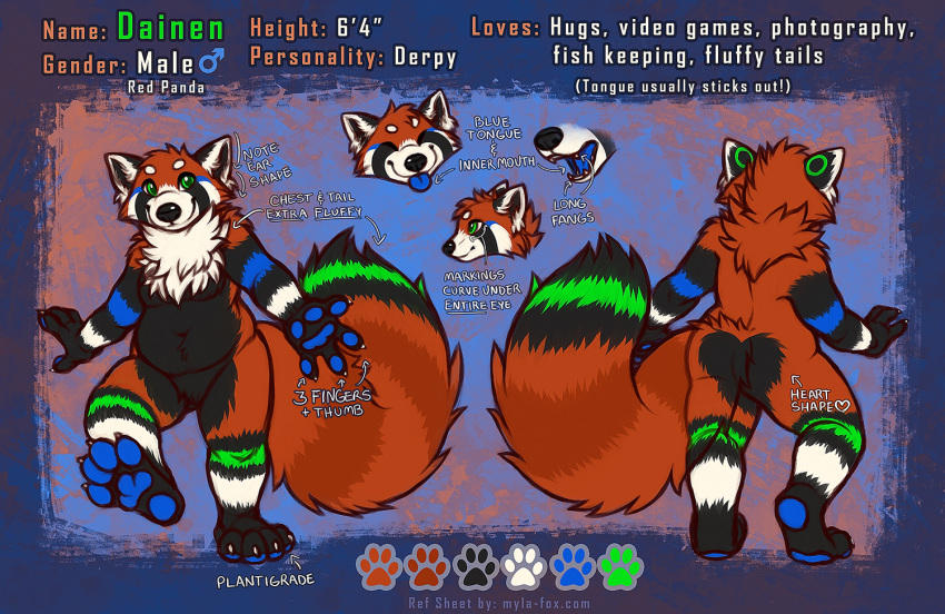 4_fingers 4_toes ailurid anthro black_body black_fur blue_body blue_fur blue_pawpads blue_tongue chubby_anthro chubby_male closed_smile expression_sheet eyes_closed fangs feet fingers fluffy fluffy_tail front_view fur glistening glistening_eyes green_eyes male mammal model_sheet multicolored_body multicolored_fur mylafox nude open_mouth orange_body orange_fur pawpads rear_view red_panda simple_background solo standing striped_arms striped_legs text toes tongue url white_body white_fur