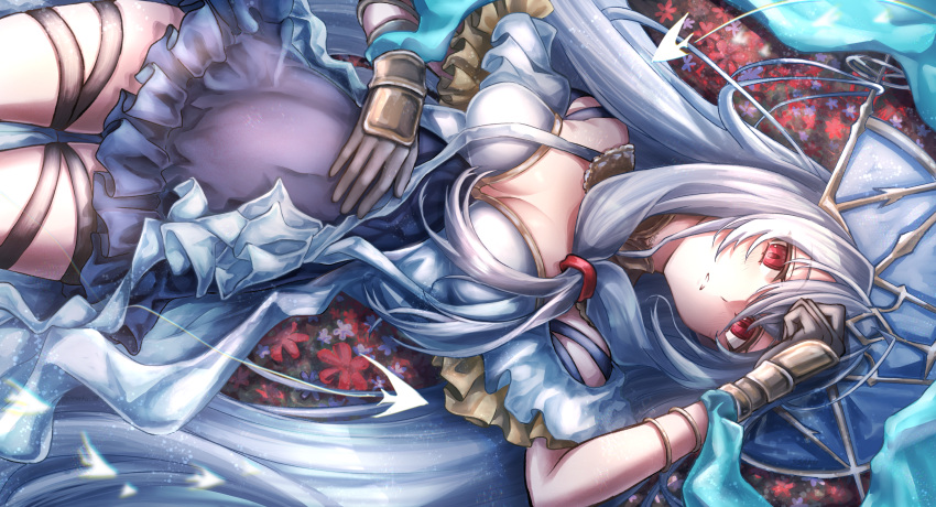 1girl 3_(sanyako1) arknights arm_guards black_dress black_gloves breasts cleavage dress flower from_above gloves grey_hair grey_headwear hand_on_own_stomach highres layered_dress long_hair lying off-shoulder_dress off_shoulder official_alternate_costume on_back on_ground parted_lips photoshop_(medium) red_eyes short_dress skadi_(arknights) skadi_the_corrupting_heart_(arknights) skadi_the_corrupting_heart_(sublimation)_(arknights) solo thigh_strap very_long_hair white_dress