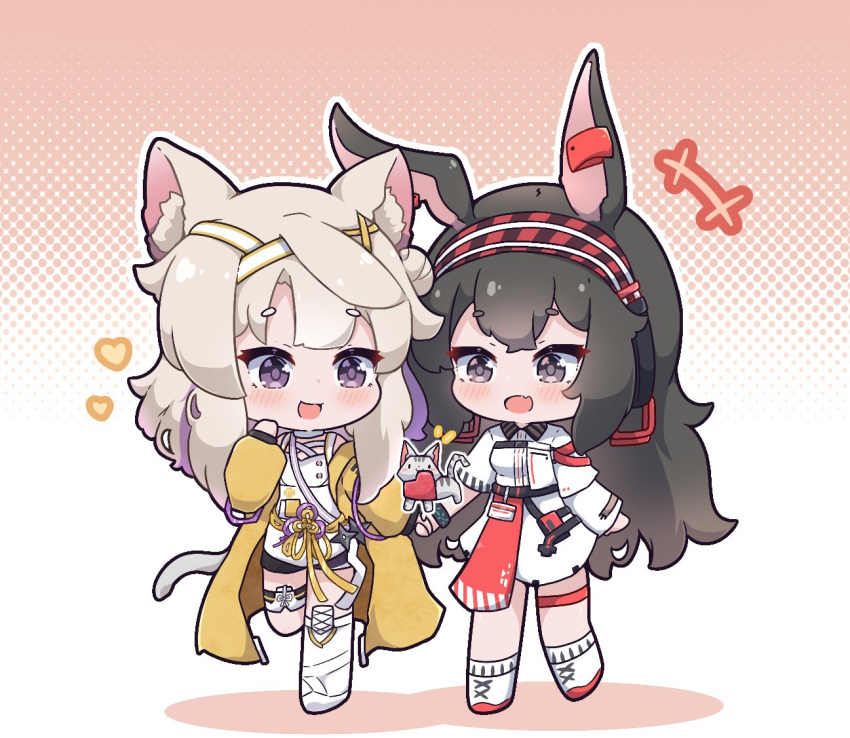 +++ 2girls animal_ears april_(arknights) arknights black_shorts blonde_hair blush brown_hair cat_ears cat_girl cat_tail chibi coat commission earclip fang hair_ornament hairband headphones holding_hands implied_extra_ears kazemaru_(arknights) kurotofu long_hair long_sleeves multiple_girls open_clothes open_coat open_mouth purple_eyes rabbit_ears rabbit_girl second-party_source shirt shoes short_eyebrows shorts simple_background skirt tail walking white_footwear white_shirt white_skirt x_hair_ornament yellow_coat