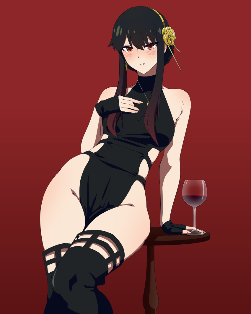 1girl absurdres alcohol arm_support bangs black_dress black_gloves black_hair boots closed_mouth cup dress drinking_glass earrings felipe_godoy fingerless_gloves gloves gold_earrings gold_hairband hand_up highres jewelry looking_at_viewer pelvic_curtain red_background red_eyes short_hair_with_long_locks simple_background smile solo spy_x_family table thigh_boots wine wine_glass yor_briar