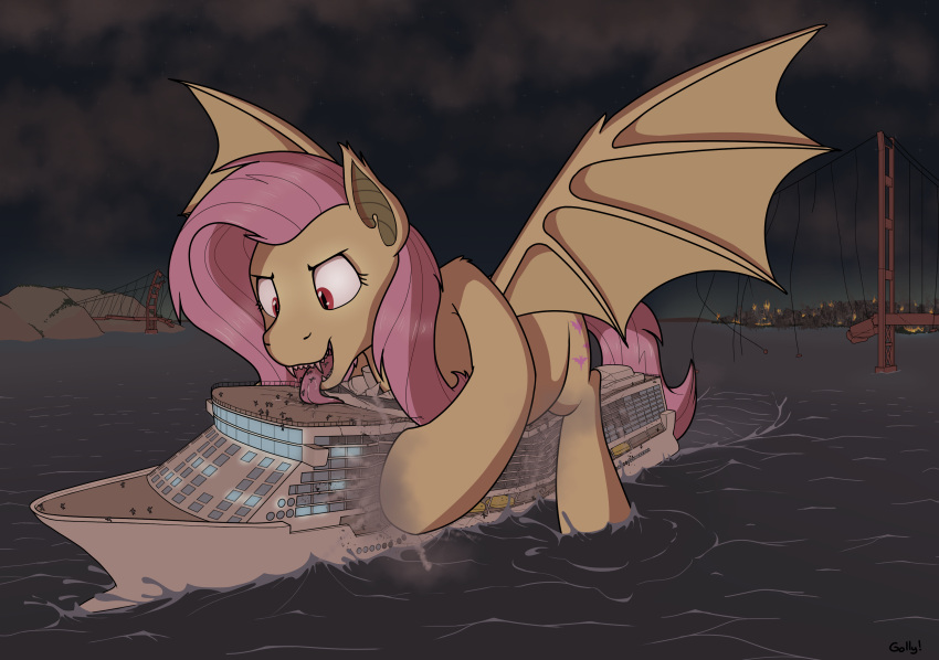 2022 absurd_res bat_pony bridge city cruise_ship cutie_mark destruction digital_media_(artwork) equid eyelashes fangs feral flutterbat_(mlp) fluttershy_(mlp) friendship_is_magic hasbro hi_res hooves imminent_vore licking macro mammal merchant_ship micro my_little_pony night open_mouth passenger_ship rapidstrike sea ship solo spread_wings teeth tongue tongue_out underhoof vehicle water watercraft wings