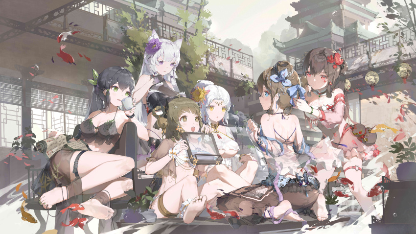 6+girls :d absurdres animal_ears bangs barefoot black_hair blue_nails bodhi_wushushenghua breasts brown_eyes brown_hair building chinese_clothes cleavage closed_mouth commentary_request cross-shaped_pupils day green_eyes grey_hair hair_between_eyes highres holding long_hair medium_breasts multiple_girls nail_polish original outdoors pagoda petals ponytail purple_eyes red_eyes reflection scroll see-through sitting smile standing underboob very_long_hair wariza white_hair yellow_eyes