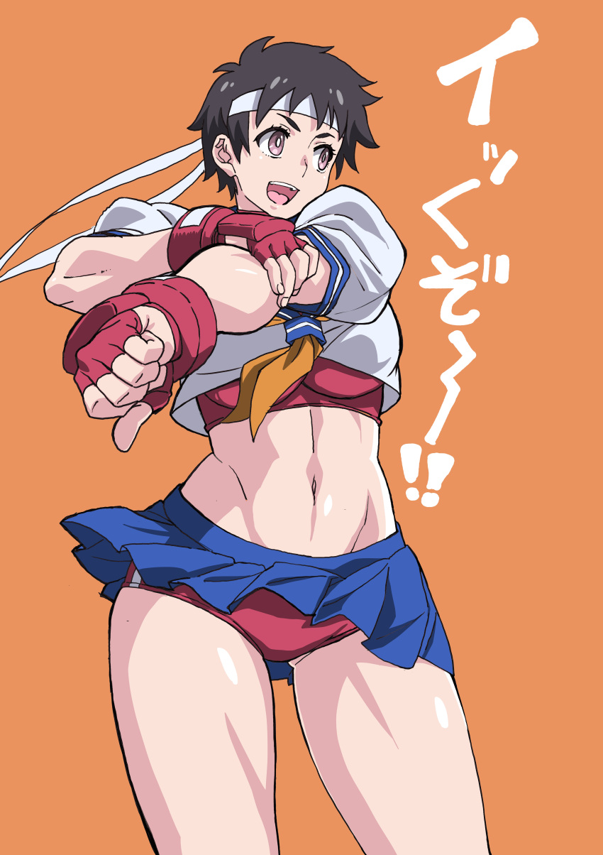 1girl abs absurdres black_hair boxing_gloves fingerless_gloves gloves hairband highres kasugano_sakura looking_to_the_side makinaru open_mouth orange_background purple_eyes red_gloves ribbon school_uniform serafuku short_hair simple_background skirt smile solo sports_bra sportswear stomach street_fighter vest