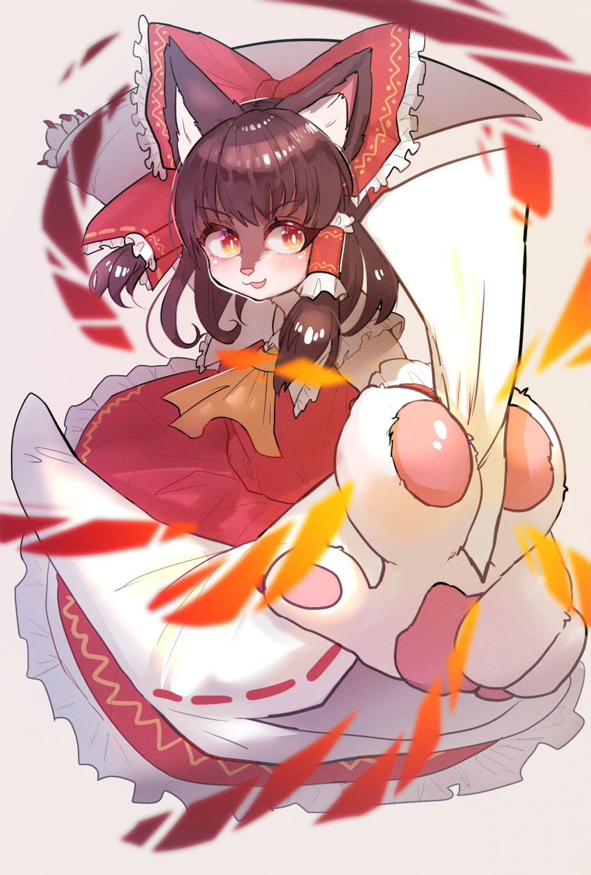 1girl animal_ear_fluff animal_ears animal_nose ascot bangs black_hair blush bow bright_pupils cat_ears cat_girl dress furrification furry furry_female grey_background hair_bow hair_tubes hakurei_reimu highres holding huge_bow looking_to_the_side onikuman pawpads red_bow red_dress sidelocks smile solo talisman touhou white_pupils yellow_ascot