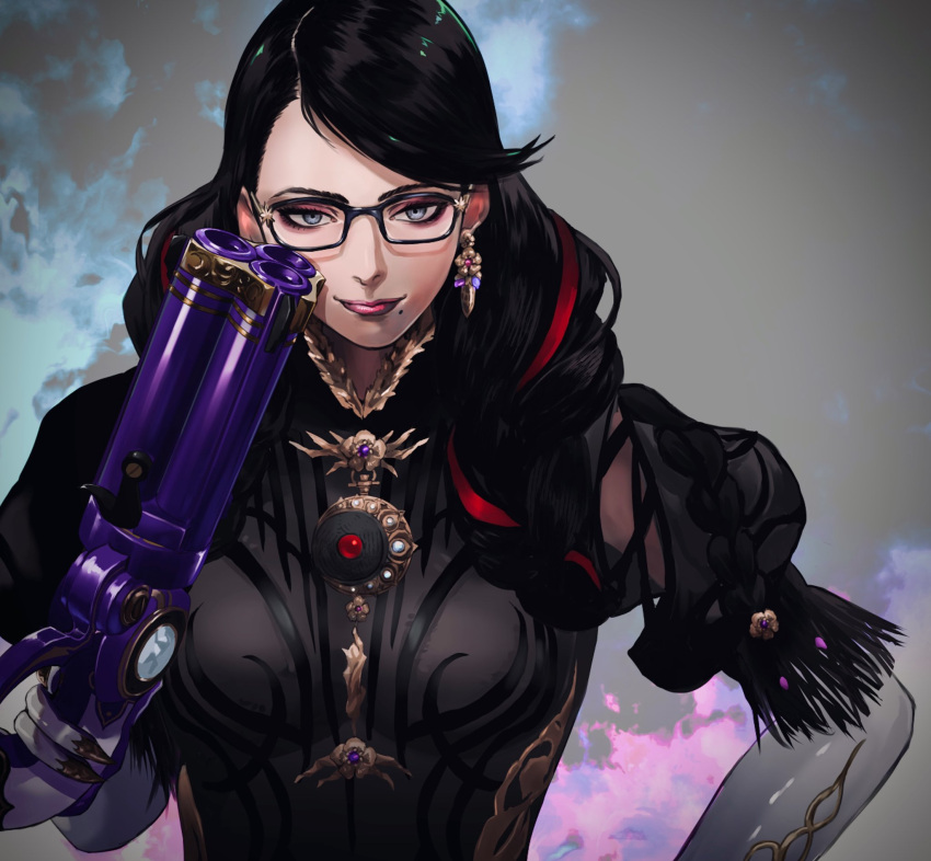 1girl bayonetta bayonetta_(series) bayonetta_3 black_hair braid breasts clothing_cutout earrings eyeshadow gauss_&lt;bokashi glasses gloves gun highres jewelry lipstick long_hair looking_at_viewer makeup mole mole_under_mouth multicolored_hair red_hair ribbon simple_background smile solo streaked_hair twin_braids weapon