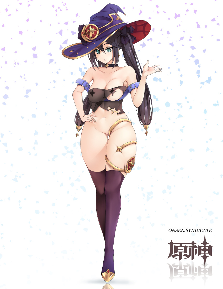 1girl :o absurdres alternate_breast_size ass_visible_through_thighs bare_shoulders black_choker black_hair black_thighhighs bottomless breasts choker collarbone curvy genshin_impact gold gold_trim green_eyes groin gs_(onsen_syndicate) hand_on_hip hand_up hat highres large_breasts mona_(genshin_impact) navel no_pussy parted_lips pasties purple_belt revealing_clothes skindentation solo star_pasties stomach thick_thighs thigh_gap thighhighs thighlet thighs twintails witch_hat