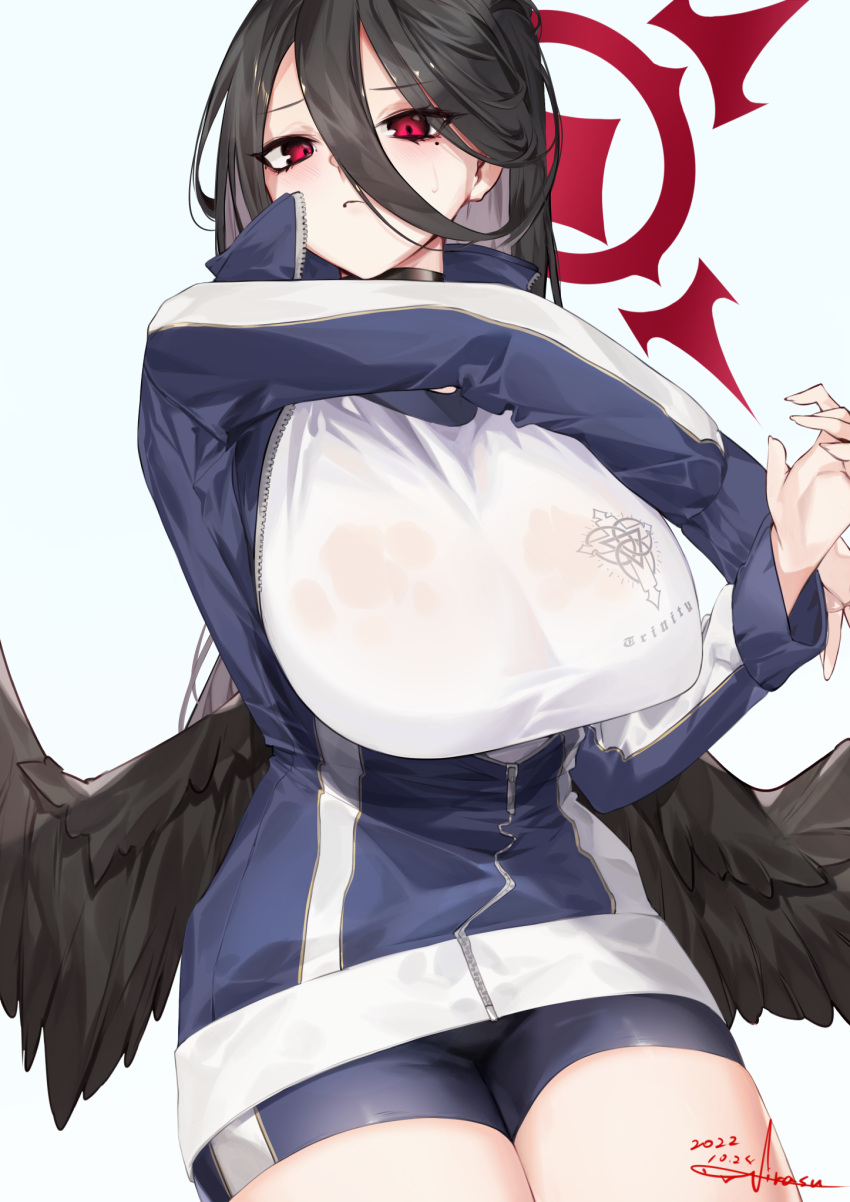 1girl bike_shorts black_hair black_wings blue_archive breasts dated feathered_wings gym_uniform hair_between_eyes halo hasumi_(blue_archive) hasumi_(gym_uniform)_(blue_archive) highres huge_breasts jacket large_breasts looking_at_viewer mole mole_under_eye official_alternate_costume partially_unzipped red_eyes see-through see-through_shirt shirasu_(19san) signature simple_background solo stretching sweatdrop track_jacket white_background wings