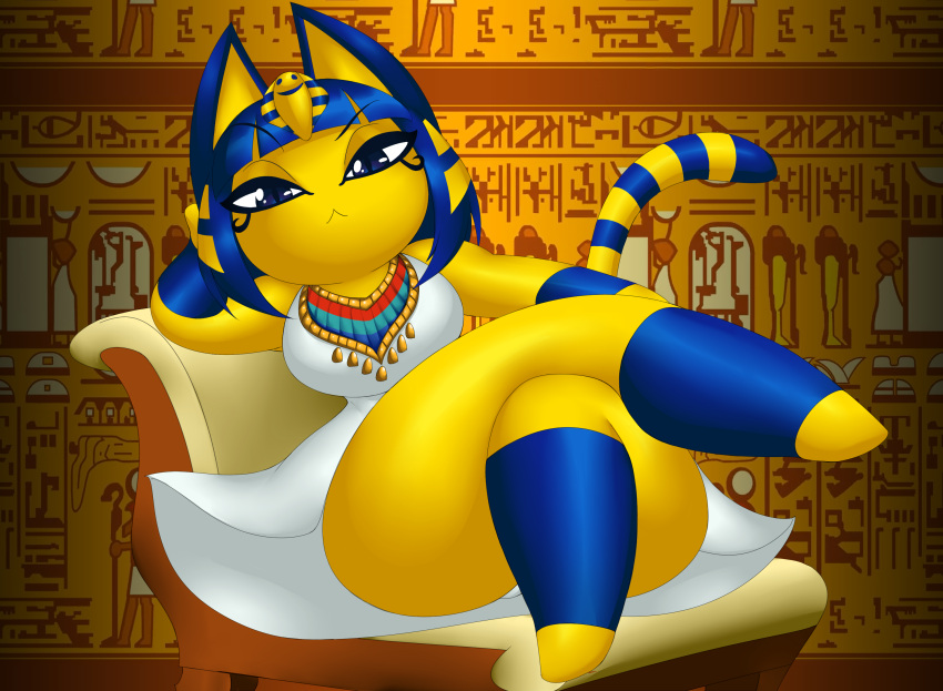 animal_crossing animal_humanoid ankha_(animal_crossing) anthro blue_eyes blue_hair cat_humanoid crossed_legs domestic_cat felid felid_humanoid feline feline_humanoid felis female hair hi_res humanoid kyelyn_(artist) mammal mammal_humanoid nintendo sitting solo video_games yellow_body