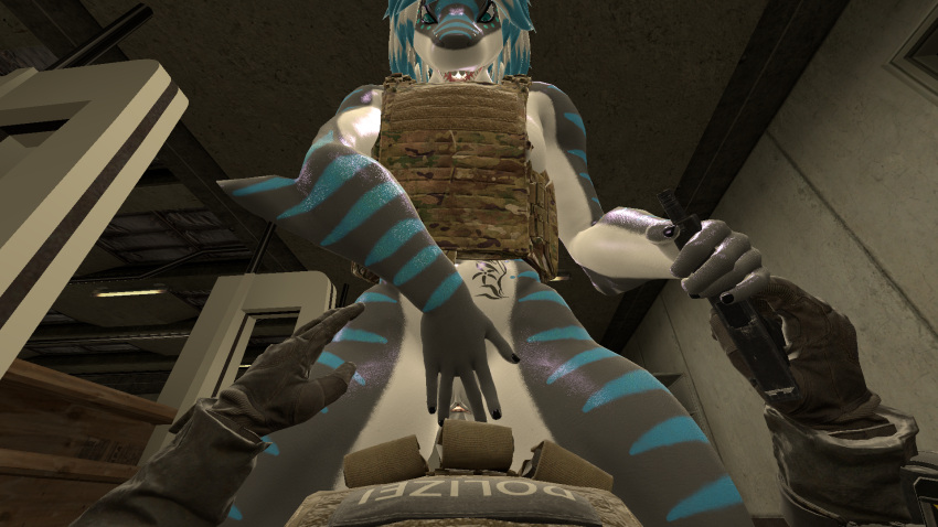 anthro arey_lange armor belly_tattoo black_nails blue_hair blue_stripes colored_nails duo female first_person_view fish genitals glistening glistening_body glock glock_19 gun hair hand_on_leg hand_on_pussy hand_on_thigh handgun hi_res human looking_at_viewer looking_down_at_viewer lying lying_on_floor mammal marine military multicolored_body multicolored_hair muscular muscular_anthro muscular_female nails nika_sharkeh on_back pistol presenting presenting_pussy pussy ranged_weapon requiem_shark shark shooting_range sitting sitting_on_another smile soldier spread_pussy spreading stripes tattoo teeth tiger_shark two_tone_body two_tone_hair warrior weapon