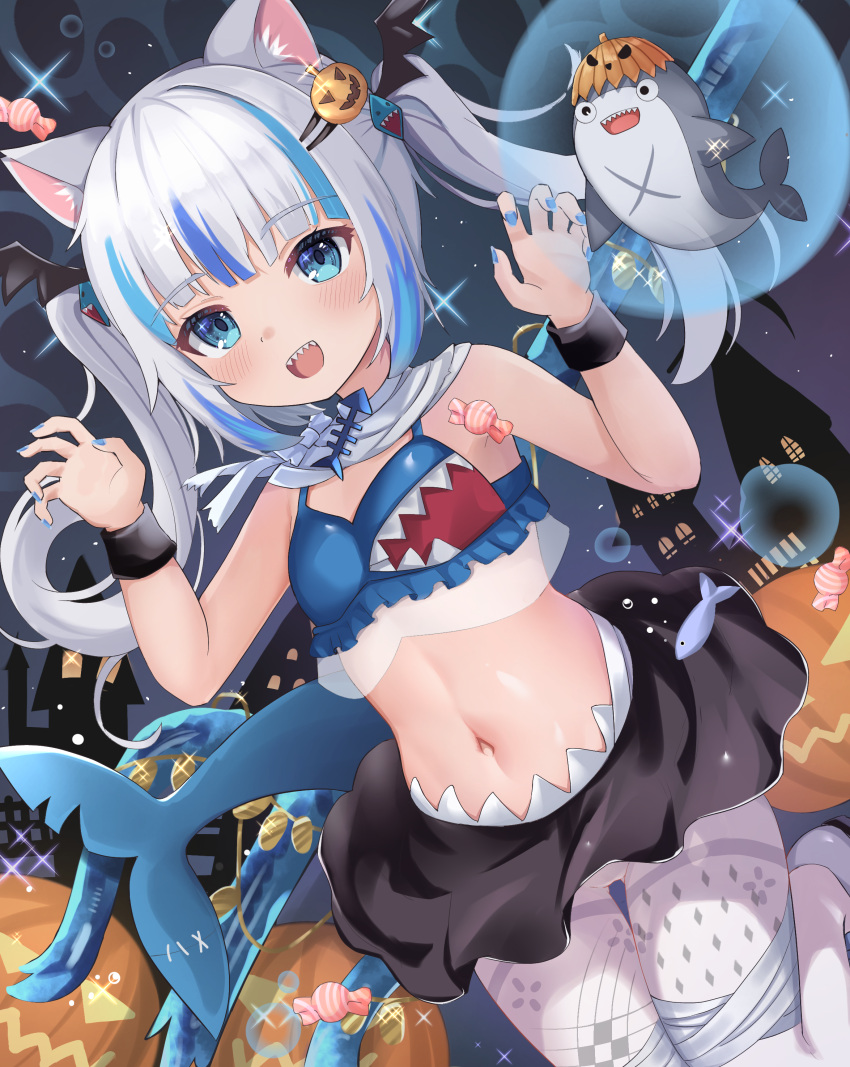 1girl :d absurdres animal_ear_fluff animal_ears bloop_(gawr_gura) blue_eyes blue_hair blush breasts candy cat_ears fish_tail food gawr_gura grey_hair hair_ornament hairclip halloween halloween_costume hands_up highres hololive hololive_english jack-o'-lantern long_hair looking_at_viewer medium_hair multicolored_hair navel nekopurin_(nyanko_prin) open_mouth pantyhose polearm pumpkin shark_girl shark_hair_ornament shark_tail sharp_teeth skirt small_breasts smile streaked_hair tail teeth trident two_side_up upper_teeth virtual_youtuber weapon white_pantyhose wing_hair_ornament wristband