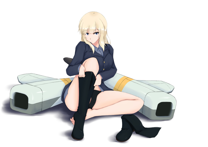 1girl absurdres black_panties blonde_hair blue_eyes blue_jacket blue_shirt boots breasts dressing english_commentary feet groin_tendon highres isosceles_triangle_(xyzxyzxyz) jacket knee_boots knee_up large_breasts long_hair looking_at_viewer military military_uniform original panties putting_on_shoes shirt shoes sidelocks single_boot single_shoe sitting solo striker_unit toes underwear uniform white_background world_witches_series