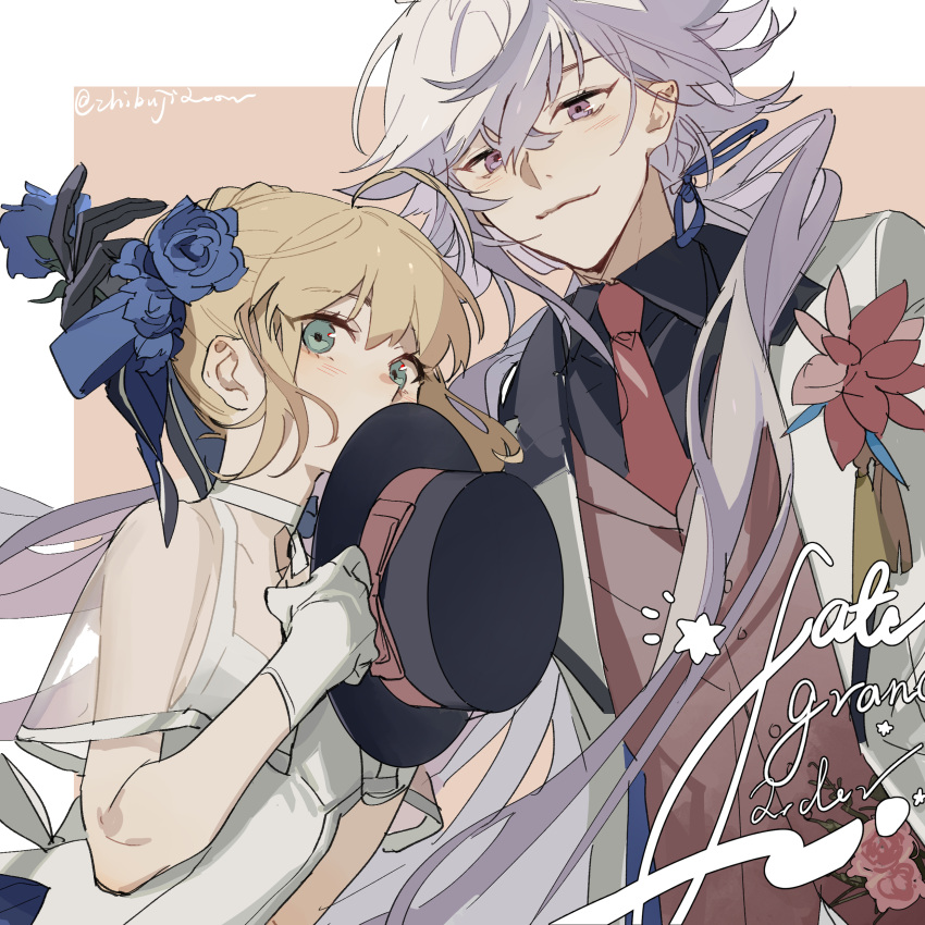 absurdres artoria_pendragon_(fate) blonde_hair blue_flower dress fate/grand_order fate_(series) flower formal gloves green_eyes grey_hair hat highres long_hair merlin_(fate) necktie ponytail purple_eyes red_tie saber_lily short_hair signature smile suit white_dress white_hair white_suit zhibuji_loom