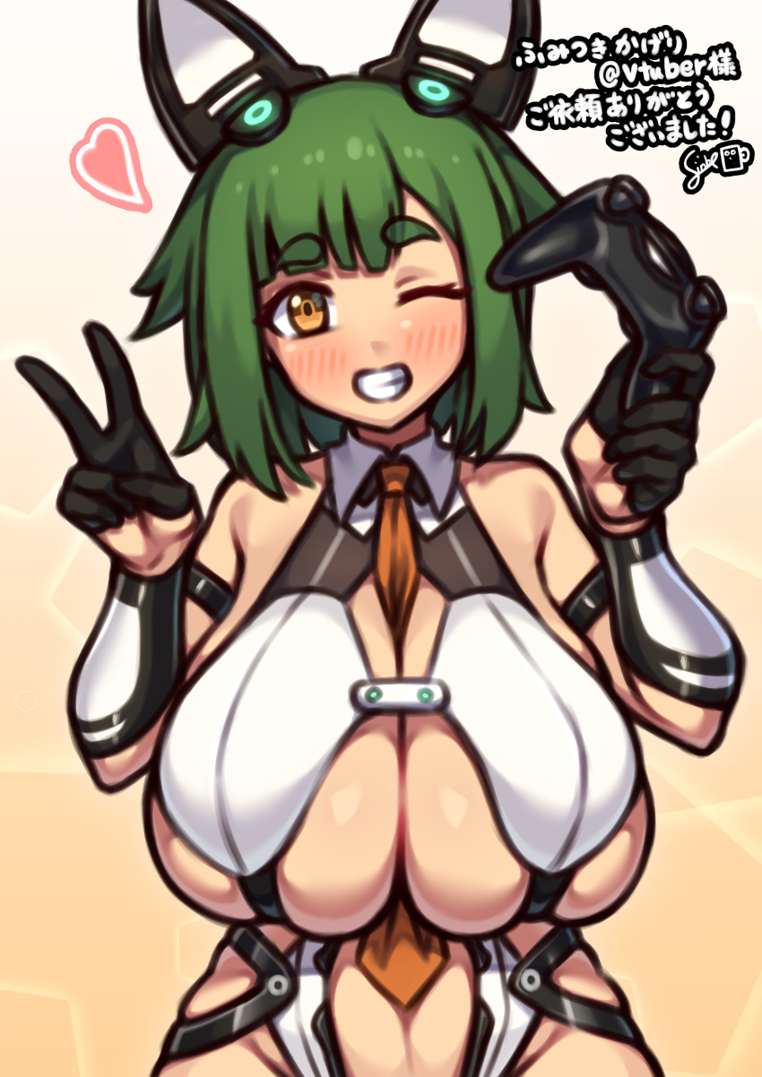 1girl absurdres animal_ears bangs bare_shoulders between_breasts black_gloves blush breasts brown_eyes character_request collar commentary_request commission controller copyright_request fake_animal_ears game_controller gloves gradient gradient_background green_hair half_gloves heart highres holding holding_controller holding_game_controller koohiitei_shinbo large_breasts looking_at_viewer medium_hair navel necktie necktie_between_breasts orange_necktie parted_lips short_eyebrows simple_background skeb_commission skindentation smile solo stomach straight-on teeth translation_request upper_body v white_collar yellow_background