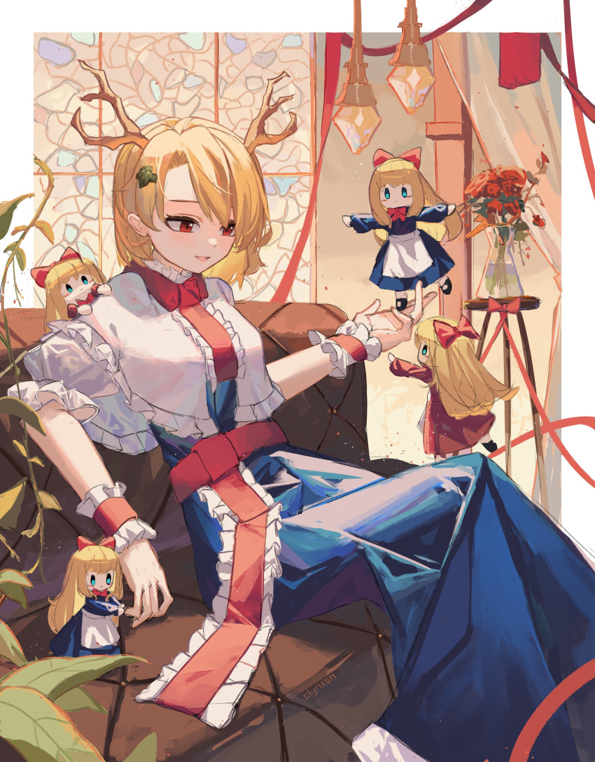 1girl :d absurdres alice_margatroid alice_margatroid_(cosplay) antlers apron bangs blonde_hair blue_dress bow cape clynxen commission cosplay couch dress feet_out_of_frame flower frilled_ribbon frills hair_bow hair_ornament highres hourai_doll indoors kicchou_yachie looking_at_another medium_hair open_mouth parted_bangs red_bow red_dress red_eyes red_ribbon ribbon shanghai_doll sitting smile stained_glass touhou vase white_apron white_cape wrist_cuffs