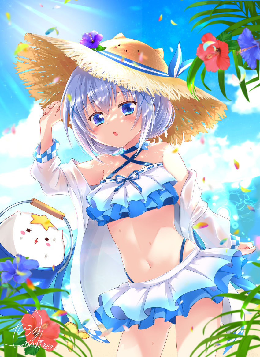 1girl absurdres arm_up bangs beach bikini bikini_skirt blue_bikini blue_choker blue_eyes blue_flower blue_hair blush choker clothes_down collarbone cowboy_shot criss-cross_halter flat_chest flower gochuumon_wa_usagi_desu_ka? gradient_bikini hair_between_eyes halterneck hat hat_flower hibiscus highres jacket kafuu_chino kirara_fantasia layered_bikini long_hair long_sleeves navel noshi_nono ocean open_clothes open_jacket open_mouth outdoors pleated_skirt purple_flower red_flower shiny shiny_hair signature skirt solo standing straw_hat summer sun_hat sunlight swimsuit tippy_(gochiusa) white_jacket yellow_headwear