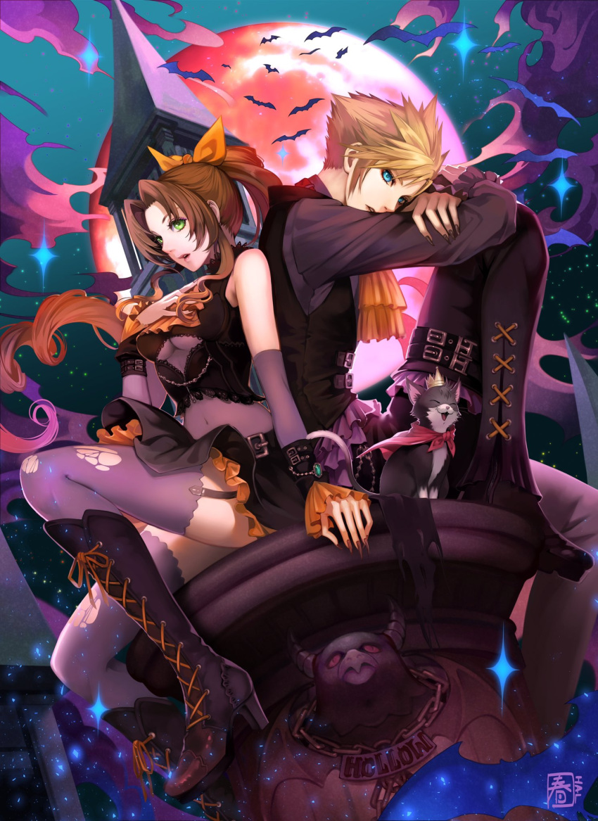 1boy 1girl aerith_gainsborough alternate_costume aqua_eyes ascot back-to-back bangs bare_shoulders bat_(animal) black_footwear black_pants black_shirt black_skirt black_vest blonde_hair bodystocking boots breasts brown_hair cait_sith_(ff7) cape castle cat cleavage_cutout clothing_cutout cloud_strife collared_shirt covered_navel crop_top crown detached_sleeves final_fantasy final_fantasy_vii final_fantasy_vii_remake fingernails full_body full_moon garter_straps green_eyes hair_ribbon halloween halloween_costume halu-ca hand_on_own_chest high_heel_boots high_heels highres knee_boots long_fingernails long_hair long_sleeves medium_breasts mini_crown moon orange_ascot orange_ribbon pants parted_bangs parted_lips ponytail red_cape ribbon sharp_fingernails shirt short_hair sidelocks skirt sleeveless sleeveless_shirt sparkle spiked_hair torn_thighhighs underboob vest waistcoat wavy_hair