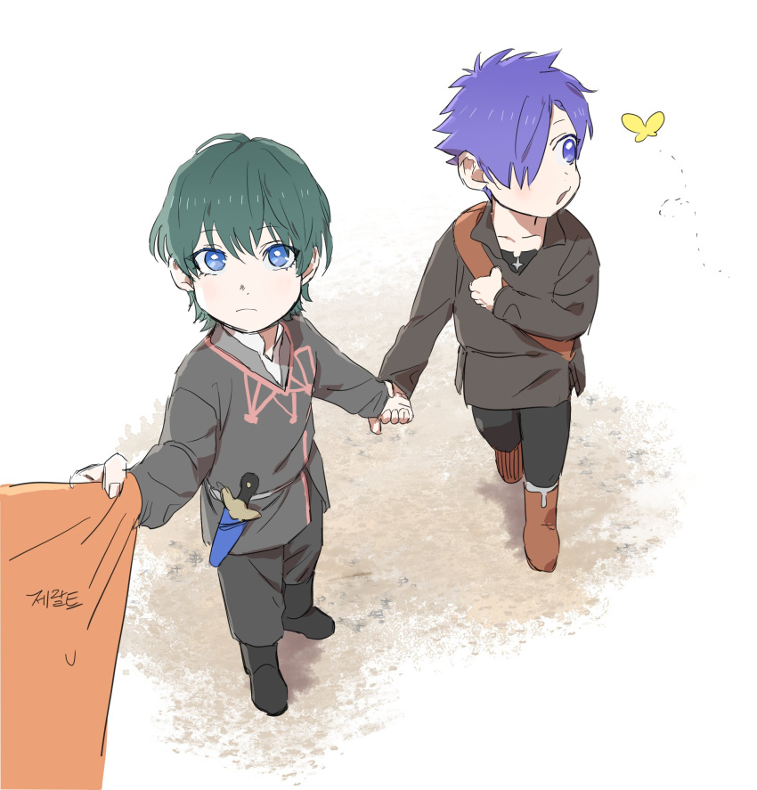1other 2boys aged_down blue_hair bug butterfly byleth_(fire_emblem) byleth_(fire_emblem)_(male) dagger fire_emblem fire_emblem:_three_houses fire_emblem_warriors:_three_hopes green_hair hair_over_one_eye highres holding_hands knife korean_commentary long_sleeves looking_at_animal looking_at_viewer male_child male_focus mu_nak multiple_boys pov pulled_by_another purple_eyes purple_hair sheath sheathed shez_(fire_emblem) shez_(fire_emblem)_(male) short_hair weapon white_background
