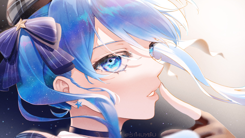 1girl absurdres beret blue_eyes blue_hair choker earrings finger_to_mouth gloves hair_ribbon hat highres hololive hoshimachi_suisei huybu51 jewelry medium_hair parted_lips partially_fingerless_gloves ribbon shooting_star side_ponytail solo star_(symbol) star_earrings symbol-shaped_pupils twitter_username virtual_youtuber